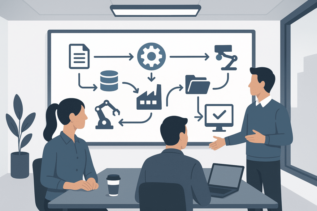 Schematische Darstellung eines automatisierten Arbeitsablaufs auf einem Whiteboard in einem Besprechungsraum, Pfeile und Prozessschritte erkennbar, keine Gesichter, moderner Raum