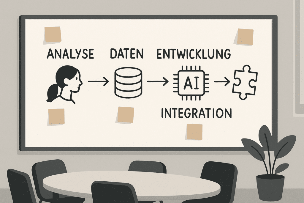 Whiteboard in einem Besprechungsraum mit handgeschriebenen Prozessschritten und Post-its zur KI-Einführung, keine Personen erkennbar