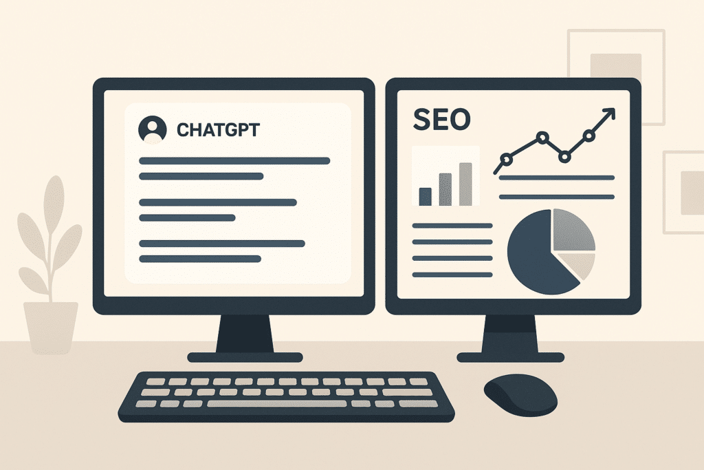 Bildschirm mit ChatGPT-Oberfläche und SEO-Analyse-Dashboard nebeneinander auf einem Schreibtisch