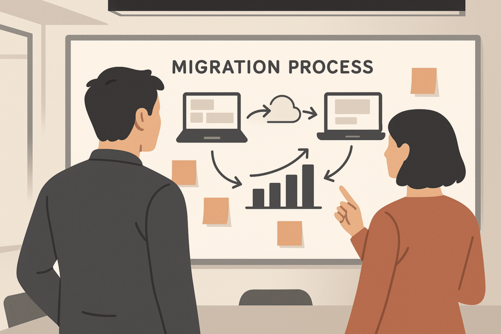 Schematische Darstellung eines Migrationsprozesses auf einem Whiteboard in einem Besprechungsraum, zwei Personen von hinten, keine Gesichter erkennbar, Post-its und Diagramme sichtbar
