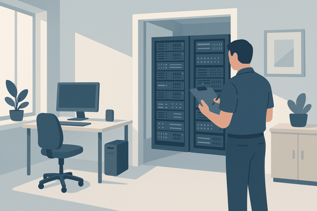 Mittelständisches Büro mit sichtbarer Server-Hardware in einem Nebenraum, ein Techniker steht mit Klemmbrett davor, Rückenansicht, keine Gesichter erkennbar