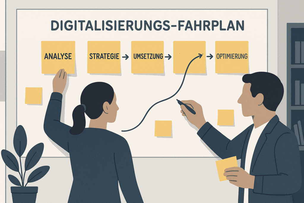 Nahaufnahme einer Whiteboard-Wand mit Post-its und handgeschriebenen Pfeilen, die einen Digitalisierungs-Fahrplan zeigen, Büroumgebung, keine Gesichter sichtbar