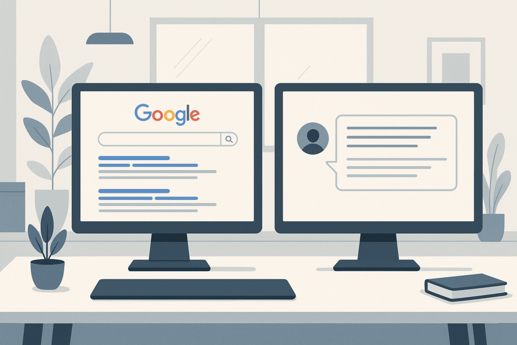 Zwei Bildschirme nebeneinander auf einem Schreibtisch – links eine klassische Google-Suchergebnisseite mit blauen Links, rechts eine KI-Chatoberfläche mit einer direkt formulierten Textantwort, moderne Büroumgebung, keine Personen