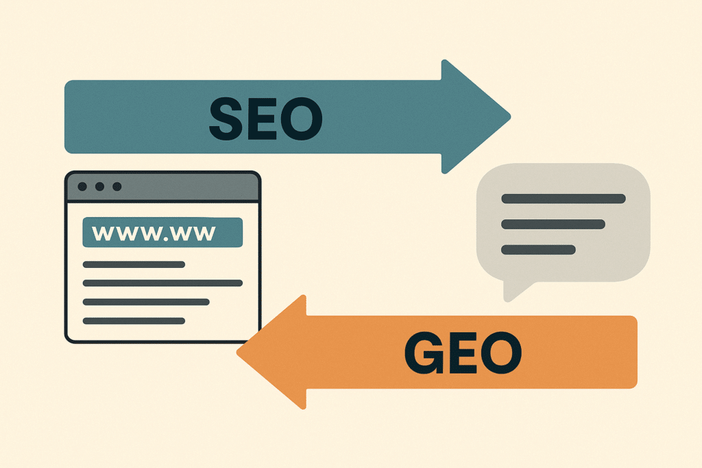 Infografik-Stil: Zwei parallele Pfeile auf einem hellen Hintergrund – einer zeigt auf eine Website-URL-Liste (beschriftet mit "SEO"), der andere zeigt auf eine Sprechblase mit Textantwort (beschriftet mit "GEO"), schlichte Büro-Ästhetik, keine Personen