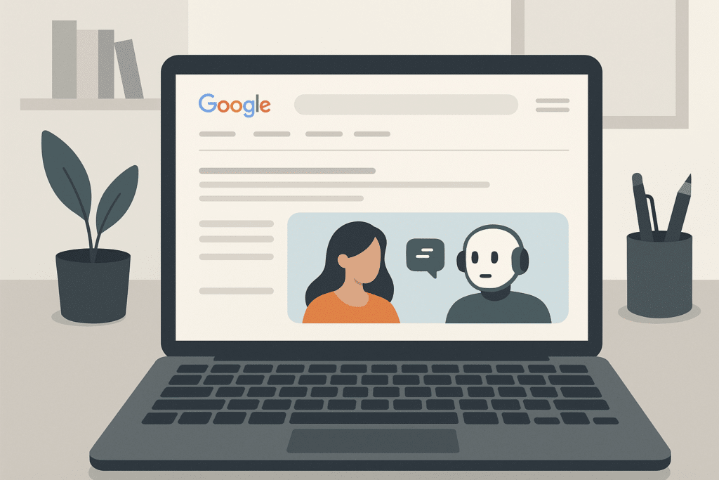 Nahaufnahme eines Laptop-Bildschirms mit einer Google-Suchergebnisseite, auf der ein KI-generierter Antwortblock sichtbar ist – moderner Büroarbeitsplatz, keine Gesichter