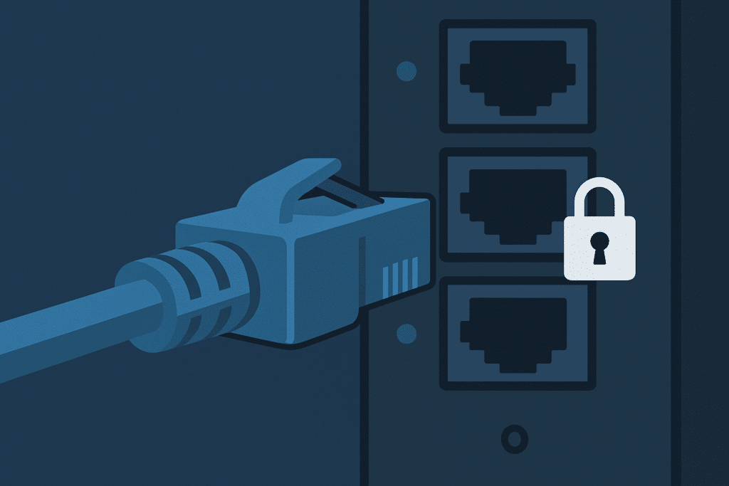 Nahaufnahme eines Netzwerkkabels, das in einen Server-Port eingesteckt wird, symbolisch für sichere Datenverbindung, keine Personen, klare technische Optik