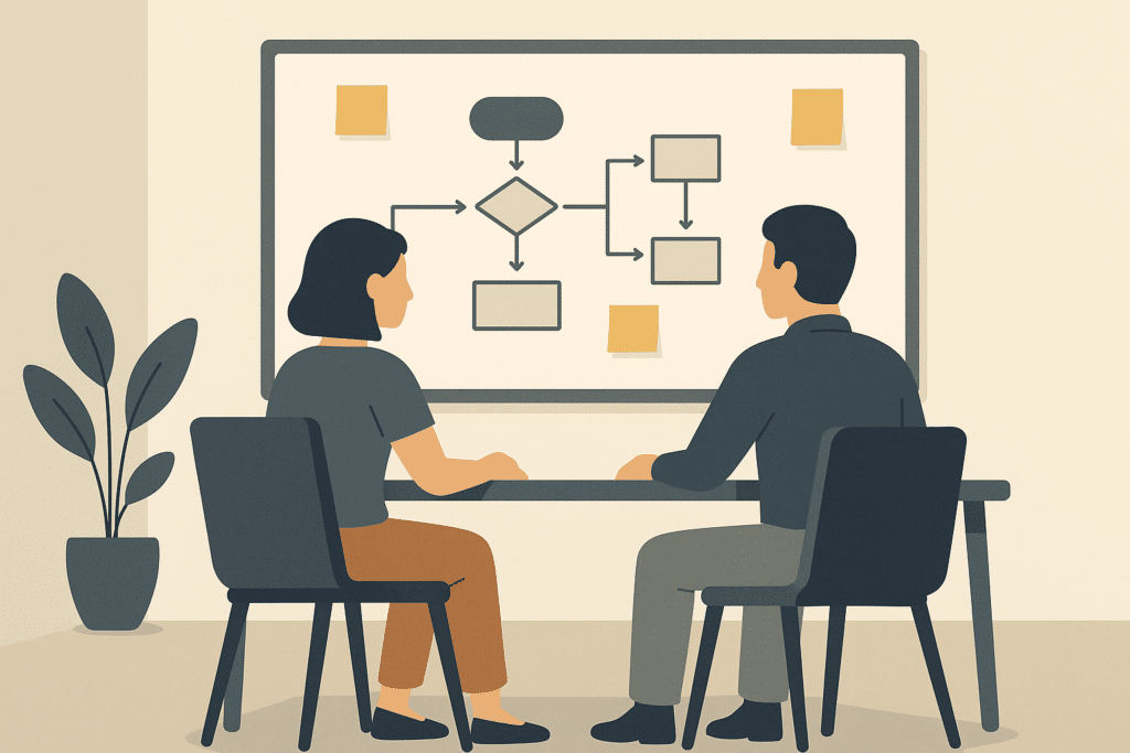 Kleines Besprechungszimmer in einem mittelständischen Unternehmen, Whiteboard mit Prozessdiagramm und Post-its, zwei Personen von hinten sitzend, sachliche Arbeitsatmosphäre