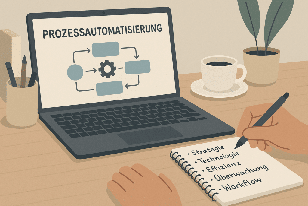Nahaufnahme eines Schreibtisches mit Laptop, darauf ein Diagramm mit Prozessautomatisierung, daneben Notizblock mit handgeschriebenen Stichwörtern auf Deutsch, ruhige Büroatmosphäre, keine Gesichter sichtbar