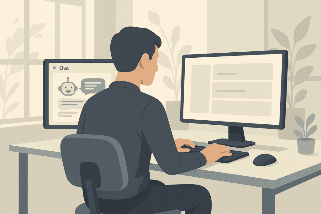 Einzelner Mitarbeiter sitzt konzentriert an einem Schreibtisch mit zwei Bildschirmen, auf einem Monitor ist eine KI-Chat-Oberfläche sichtbar, Büroumgebung mit natürlichem Tageslicht, Gesicht nicht erkennbar