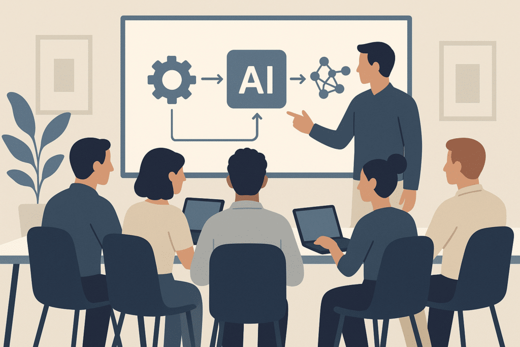 Gruppe von fünf Büroangestellten sitzt an einem Konferenztisch mit Laptops, ein Moderator steht vor einem Whiteboard mit KI-Prozessdiagrammen, Rückenansicht der Teilnehmer