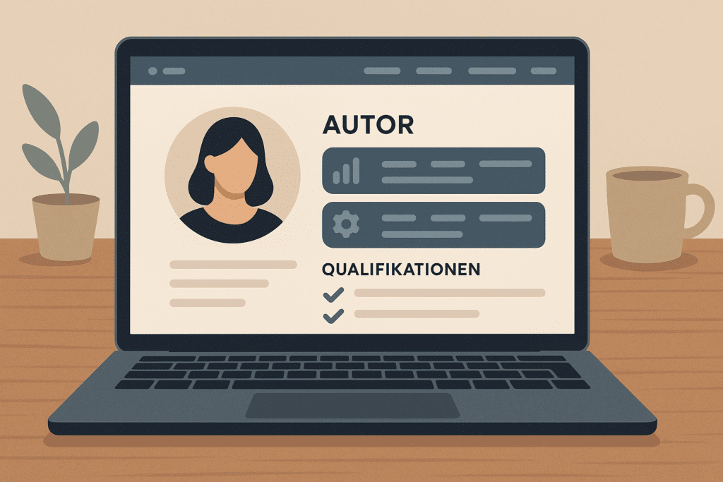 Nahaufnahme eines Laptops auf einem Holzschreibtisch, auf dem Bildschirm ist ein Autorenbereich einer Unternehmenswebsite zu sehen mit Profilbild, Fachgebieten und Qualifikationsangaben, kein Gesicht erkennbar