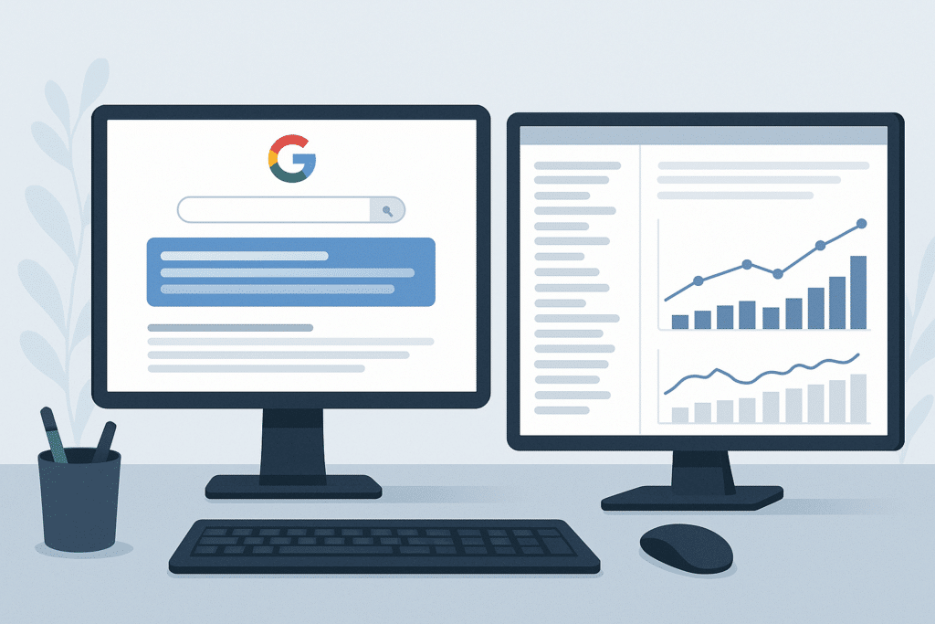 Schreibtisch mit zwei Monitoren, auf einem ist eine Google-Suchergebnisseite mit KI-Zusammenfassung zu sehen, auf dem anderen ein SEO-Dashboard mit Rankings und Traffic-Kurven, keine Personen im Bild