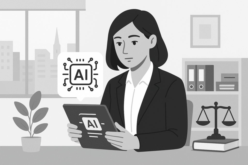 A professional woman in a law or tax office reading from a tablet with AI interface visible on screen, focused expression, Mönchengladbach business environment
