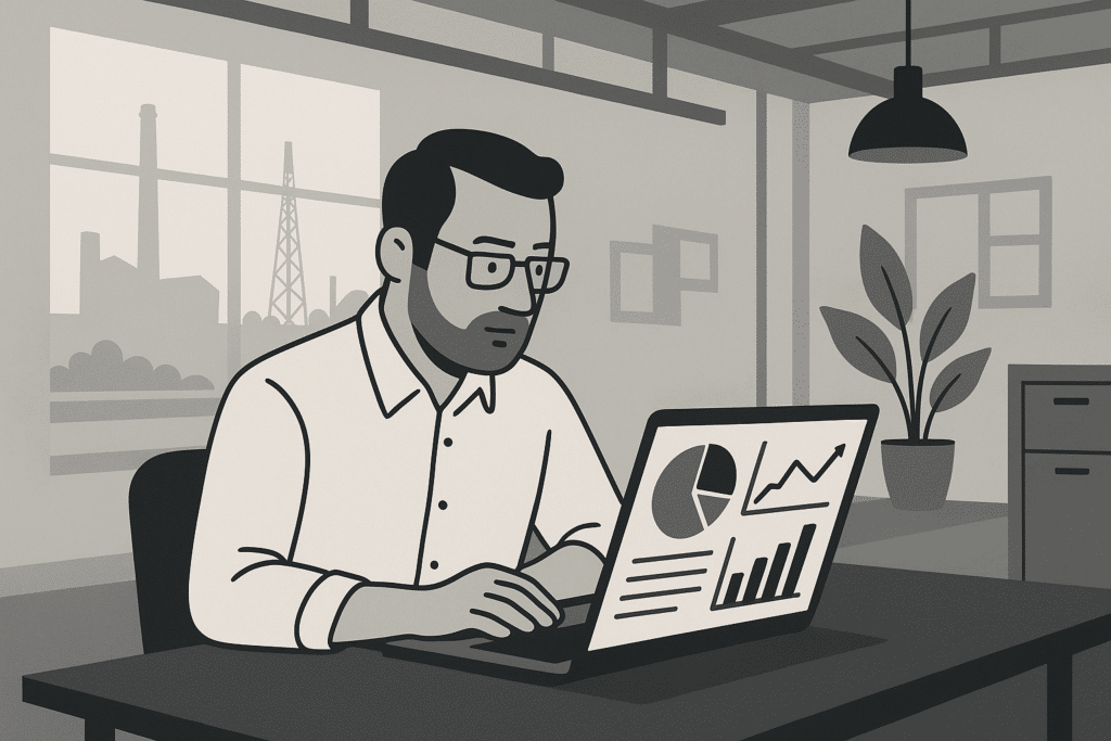 A mid-sized German business owner reviewing analytics dashboards on a laptop, modern office with industrial background, Niederrhein region