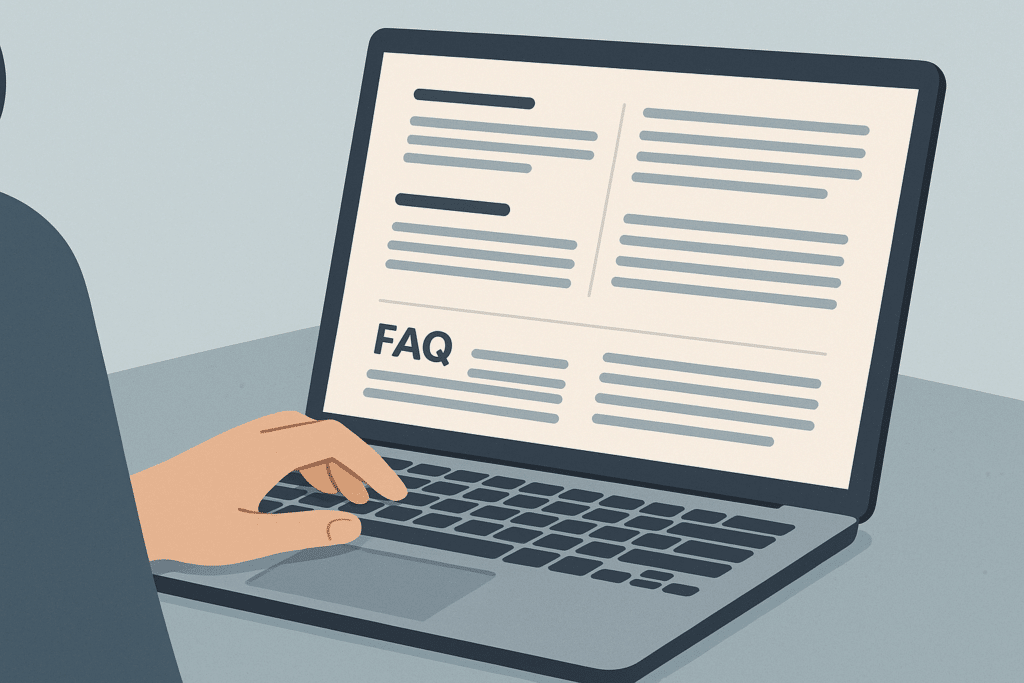 Nahaufnahme einer Hand, die auf einem Laptop tippt, auf dem Bildschirm ein strukturiertes Textdokument mit sichtbaren Zwischenüberschriften und einer FAQ-Sektion, kein Gesicht sichtbar