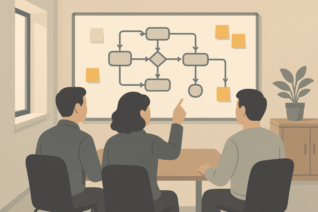 Kleines Besprechungszimmer in einem mittelständischen Unternehmen, Rückenansichten von drei Personen vor einem Whiteboard mit Prozessdiagrammen und Haftnotizen, sachliche Büroatmosphäre, natürliches Tageslicht