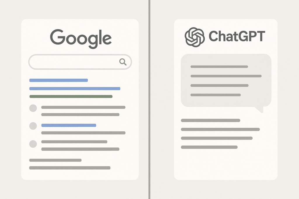 split screen showing a classic Google search results page on the left and a ChatGPT answer panel on the right, clean minimal interface