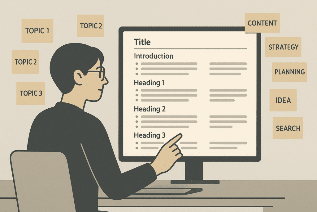 professional content strategist reviewing a structured article outline on a large monitor, surrounded by sticky notes with topic clusters and semantic keywords