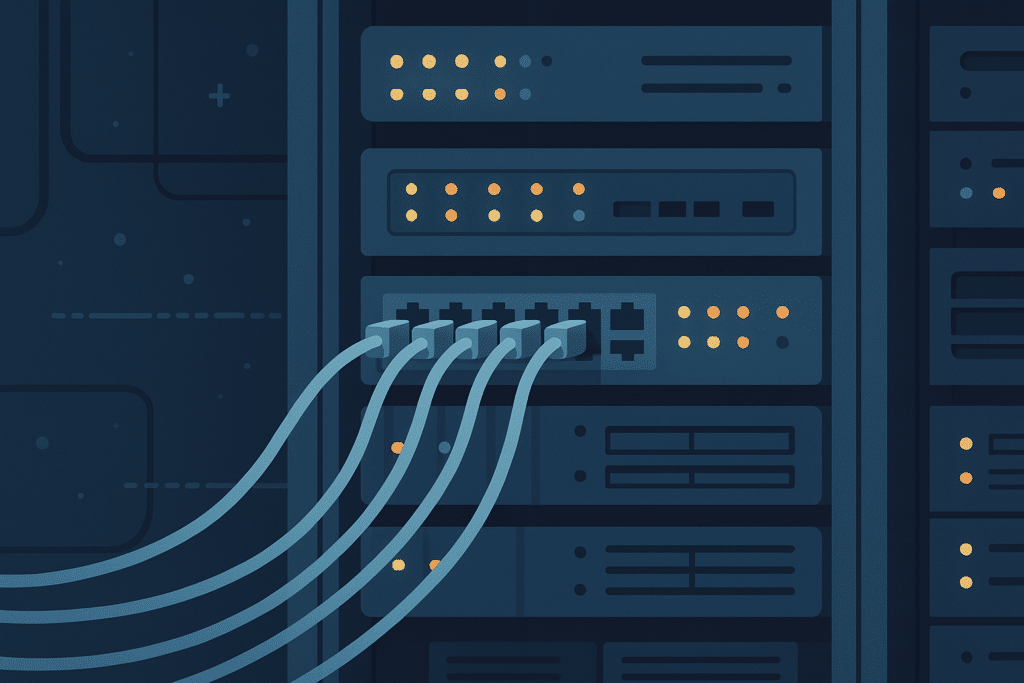 Serverraum-Nahaufnahme mit blinkenden Netzwerkkabeln und Rack-Einschüben, technisch-ruhige Stimmung, keine Personen