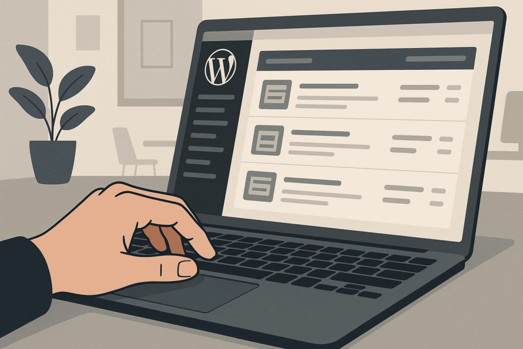 Nahaufnahme einer Hand, die auf einem Laptop-Touchpad navigiert, auf dem Bildschirm ein WordPress-Dashboard mit mehreren Website-Einträgen sichtbar, modernes Büroumfeld, kein Gesicht
