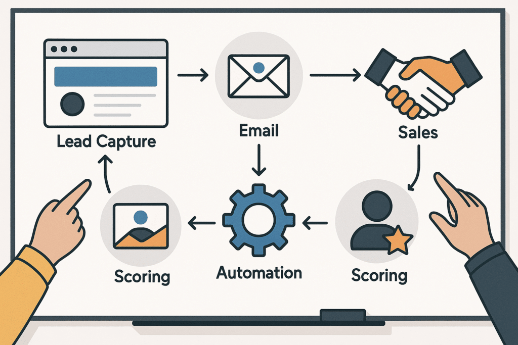 Übersichts-Diagramm auf einem Whiteboard, das einen automatisierten Marketing-Workflow von der Lead-Erfassung bis zum Vertriebsabschluss zeigt, Hände zeigen auf das Whiteboard, Gesichter nicht sichtbar