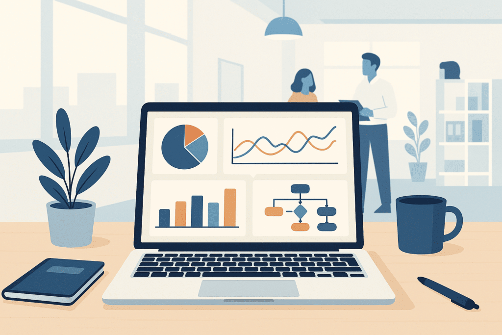 Schreibtisch in einem mittelständischen Büro, darauf ein Laptop mit einem Dashboard voller Marketing-Diagramme und Automatisierungs-Workflows, Hintergrund ein helles, modernes Büro, keine Gesichter sichtbar