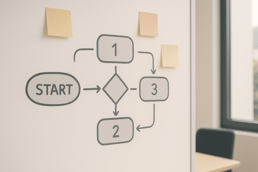 Whiteboard-Ausschnitt mit handgezeichnetem Prozessdiagramm und Post-its in einem Besprechungsraum, keine Personen sichtbar, Tageslicht, realistisch