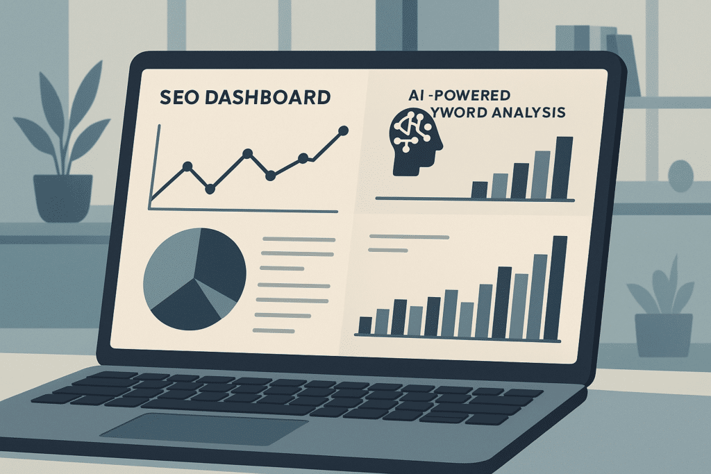 Nahaufnahme eines Laptop-Bildschirms mit SEO-Dashboard und KI-gestützter Keyword-Analyse, keine Personen sichtbar, modernes Büroumfeld am Tag