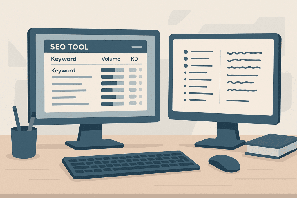 Schreibtisch mit zwei Monitoren – links SEO-Tool mit Keyword-Liste, rechts ein Dokument mit handschriftlichen Notizen, keine Personen sichtbar
