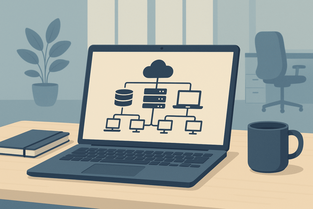 Schreibtisch in einem mittelständischen Unternehmen, darauf Laptop mit IT-Infrastrukturdiagramm, Notizbuch und Kaffeebecher, keine Personen sichtbar, ruhige Büroatmosphäre