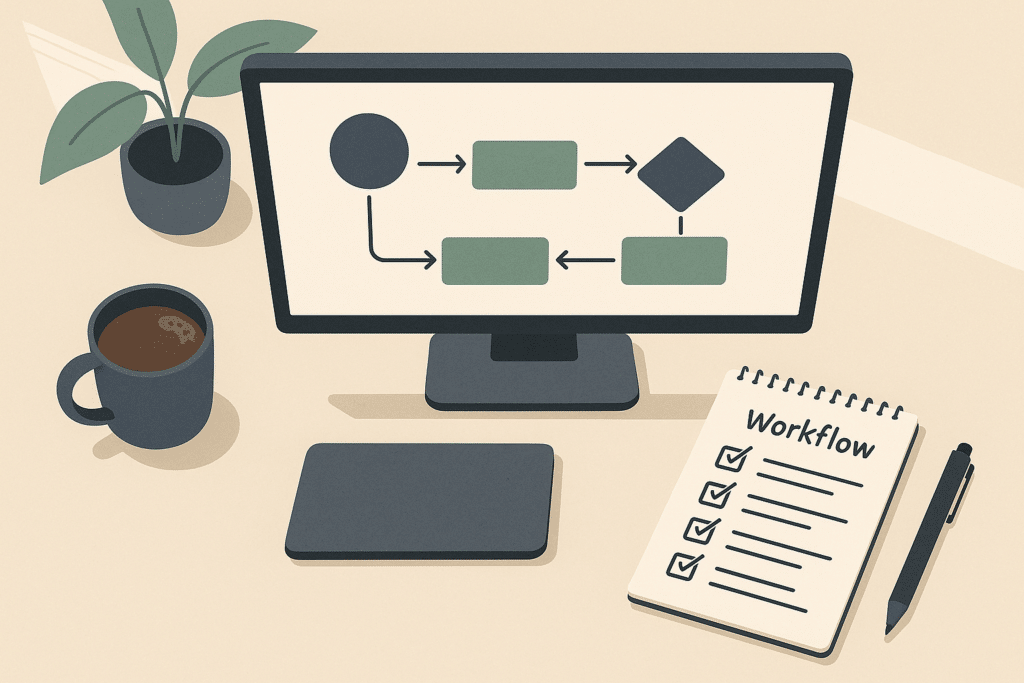 Draufsicht auf einen modernen Büroarbeitsplatz am Niederrhein: Bildschirm mit Prozessdiagramm, Notizblock mit handgeschriebenen Workflow-Schritten, Kaffeetasse – keine Person sichtbar, natürliches Tageslicht