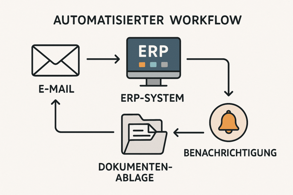 Schematische Darstellung eines automatisierten Workflows auf einem Whiteboard: Pfeile zwischen Symbolen für E-Mail, ERP-System, Dokumentenablage und Benachrichtigung – keine Personen sichtbar, klare Beschriftungen auf Deutsch